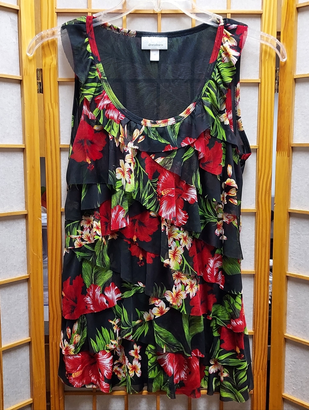 🌺 Dressbarn Tropical Hibiscus Ruffle Mesh Sheer Layered Tank Women's L